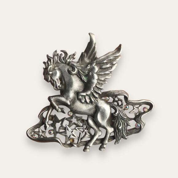 Vintage Silver Tone Pegasus Flying Horse Mythical JJ Jonette Large Brooch Pin - Picture 1 of 9